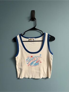 California Graphic Ringer Crop Tank - Cream & Royal Blue